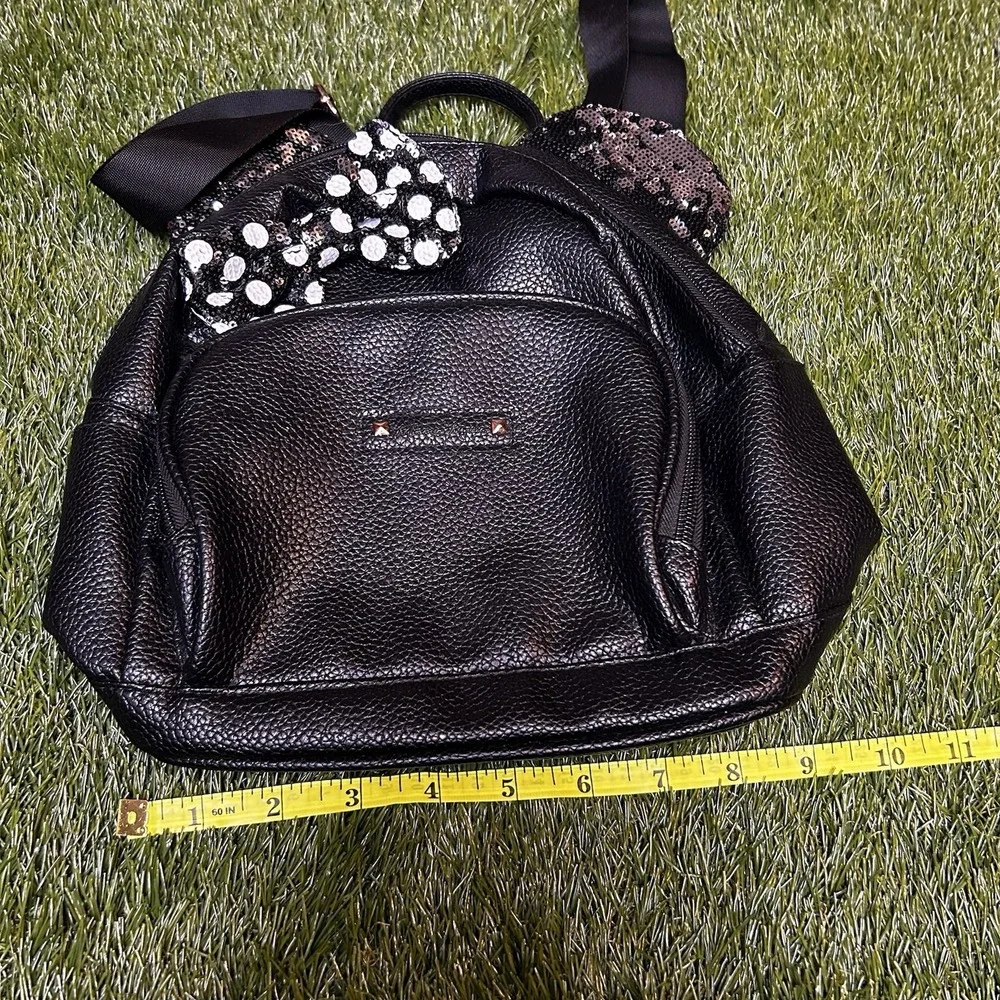 Disney Minnie Mouse Sequin Ear Mini Backpack Black Pebbled‎ Faux Leather Bow